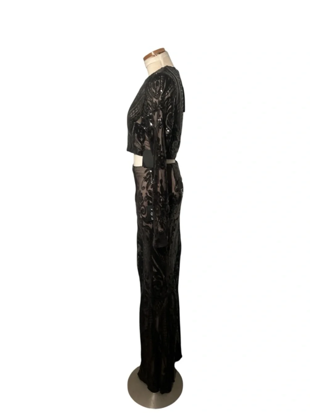 Lulu's Black Lace Sheer Embroidered Two-Piece Gown with Side Slit Size Small NEW - Picture 6 of 10